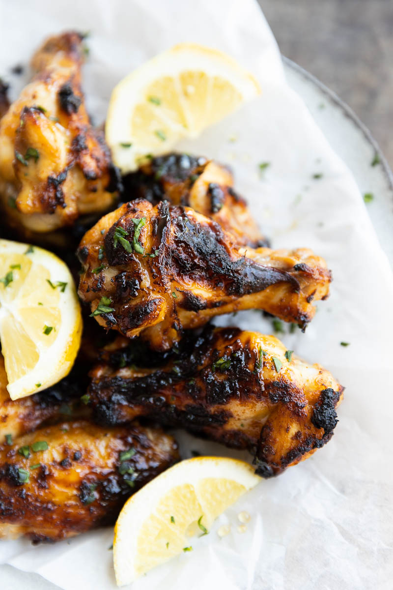 Close up of honey lemon pepper wings.