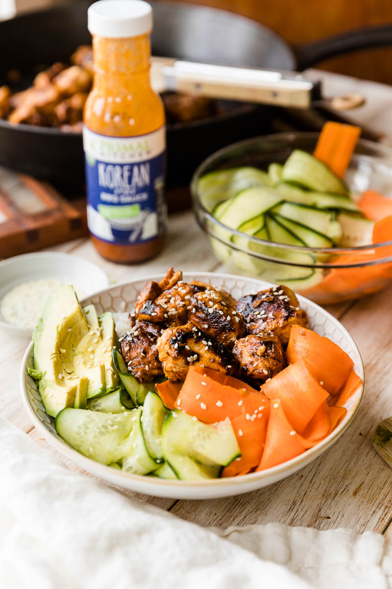 Assembled Korean BBQ Chicken Rice Bowl.