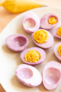 Close up of deviled eggs and egg whites.