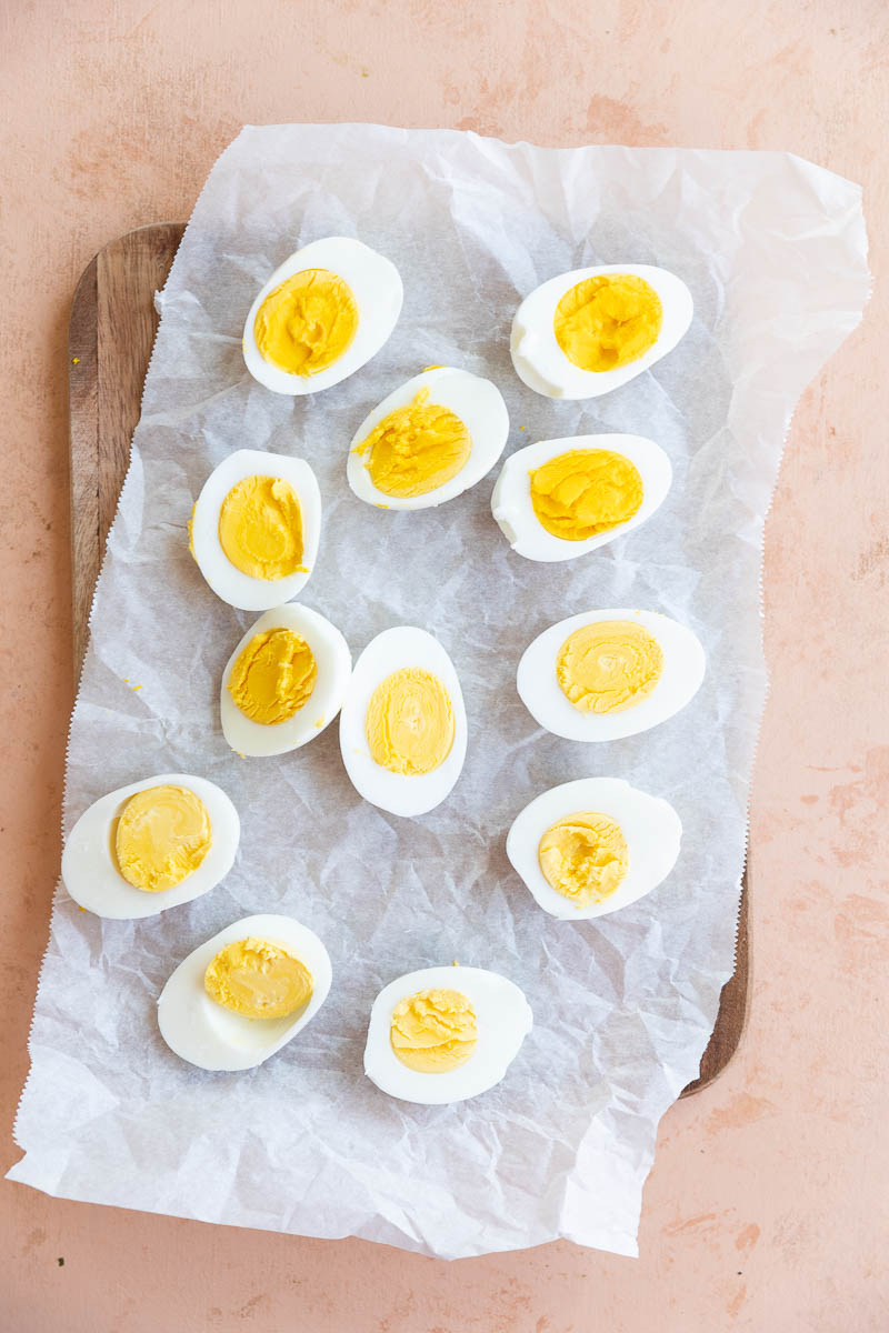 Hard boiled eggs cut in half.