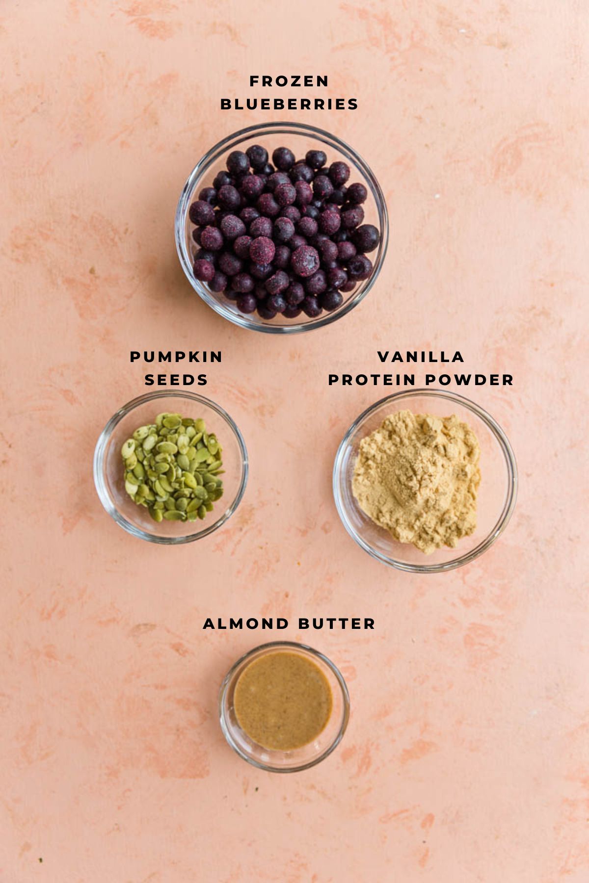 Ingredients for blueberry protein shake measured out.
