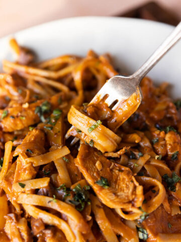 Spaghetti twirled on a fork.