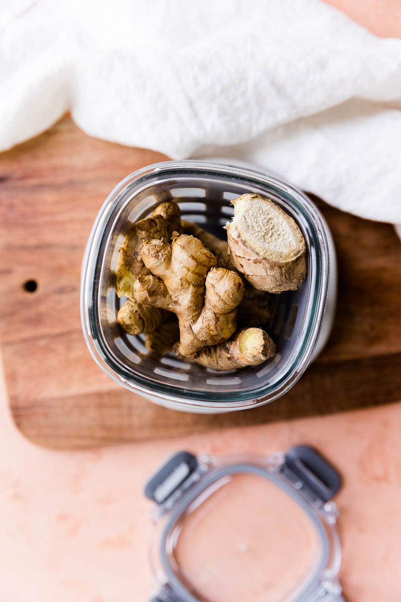 Ginger root in a freezer safe container.