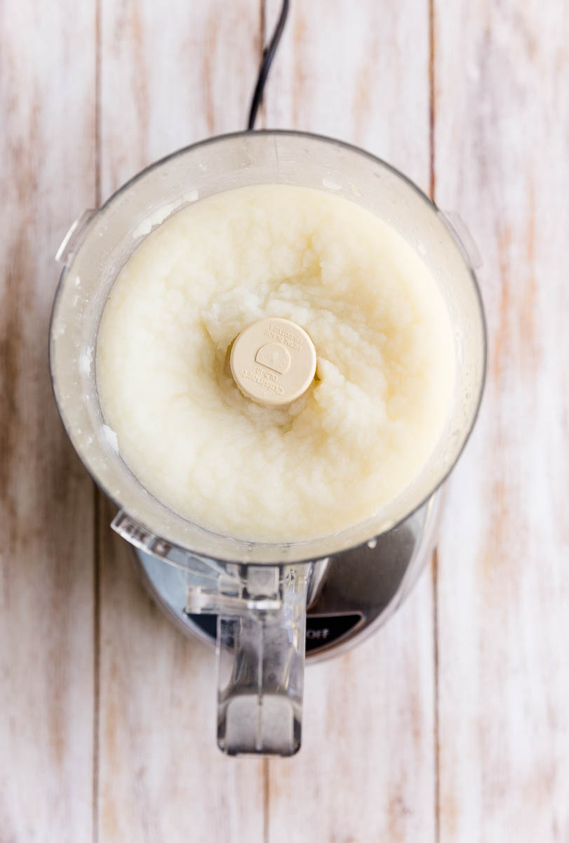 Frozen sorbet creamy and smooth in food processor.