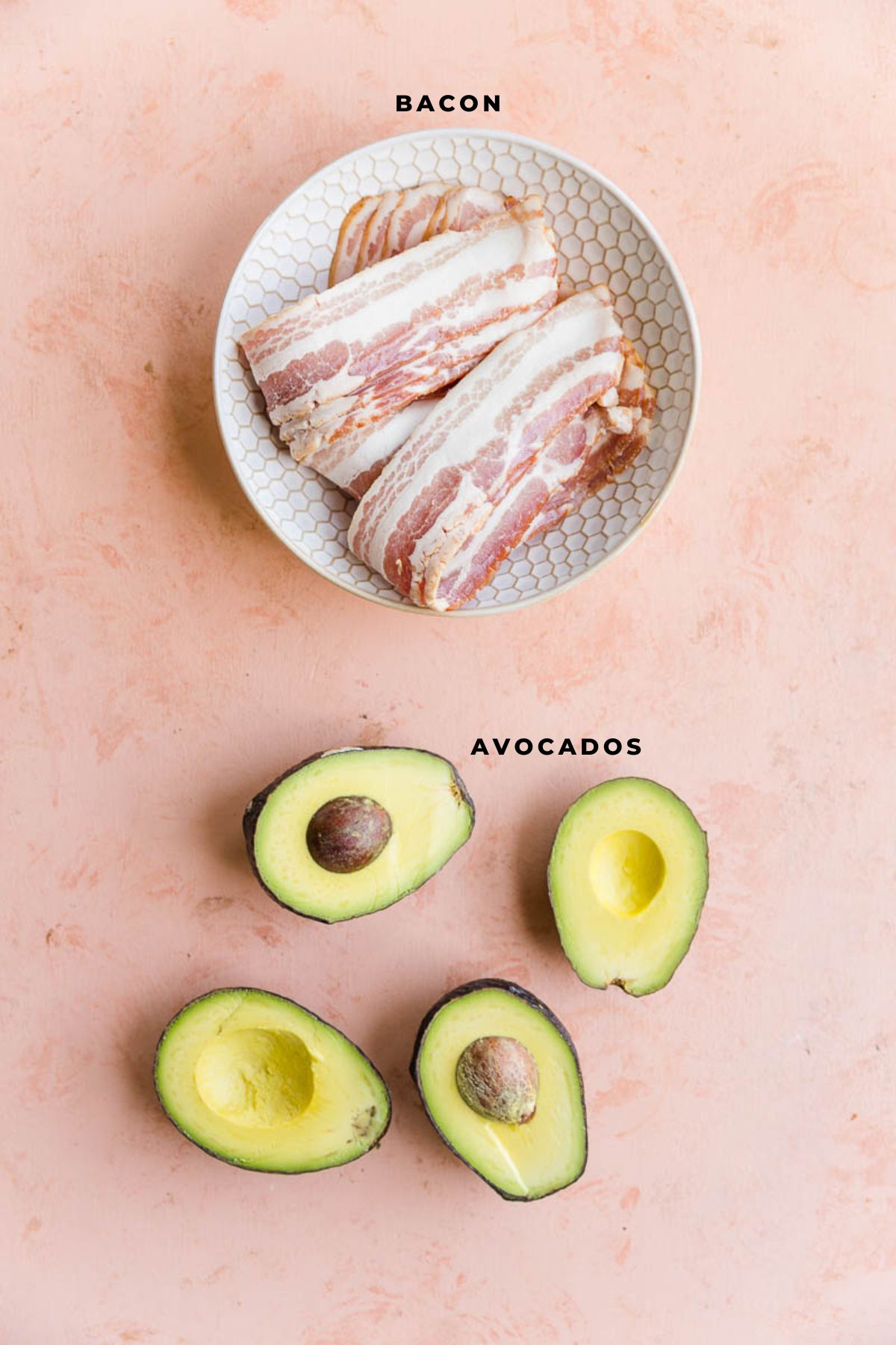 Ingredients measured out for bacon wrapped avocados.