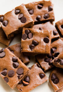 No bake chocolate protein bars on a plate.