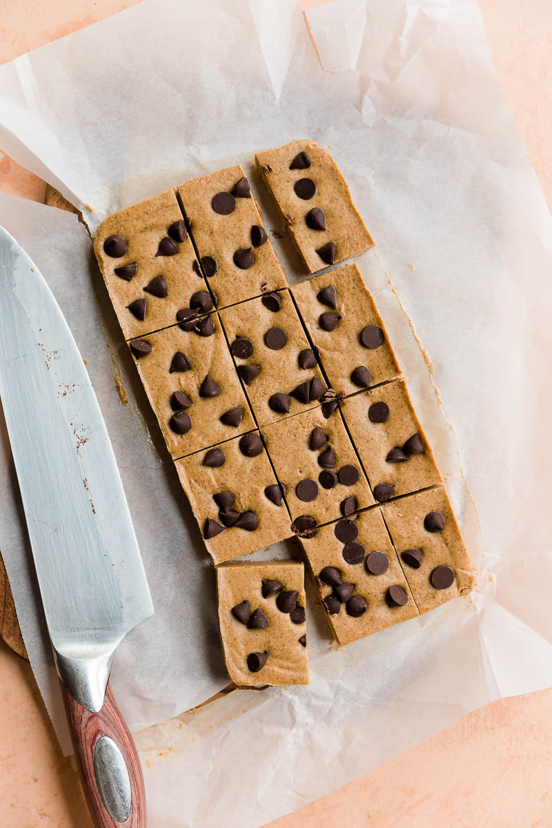 Protein bars cut into twelve pieces.
