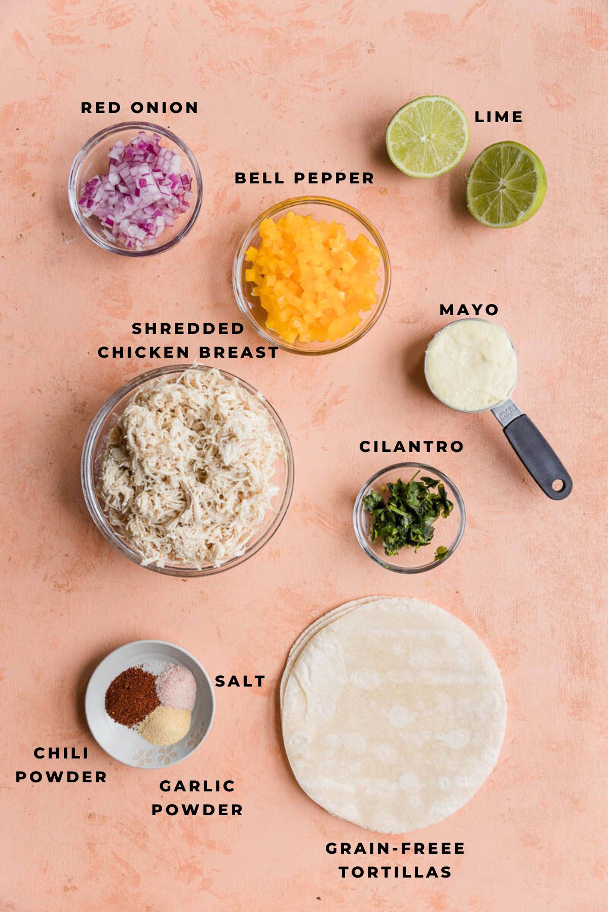 Taquito ingredients measured out into small bowls.