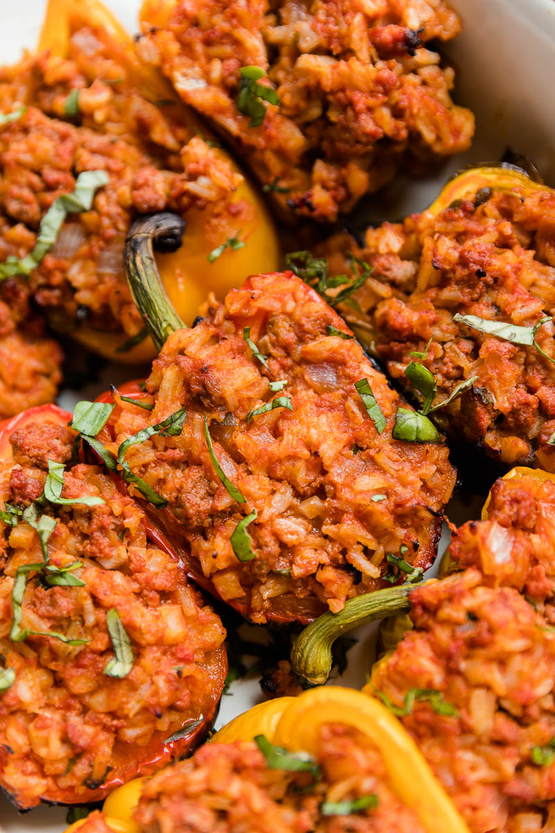 Close up picture of grilled stuffed pepper with ground beef.