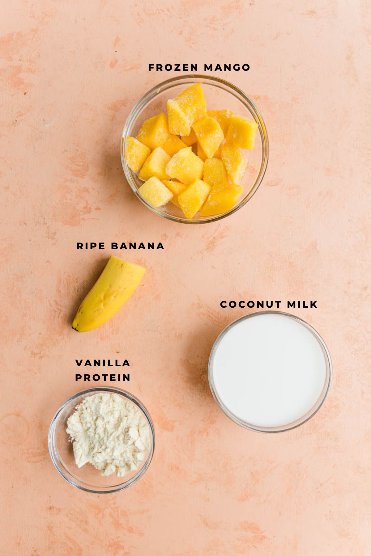 Ingredients measured out for mango protein shake.