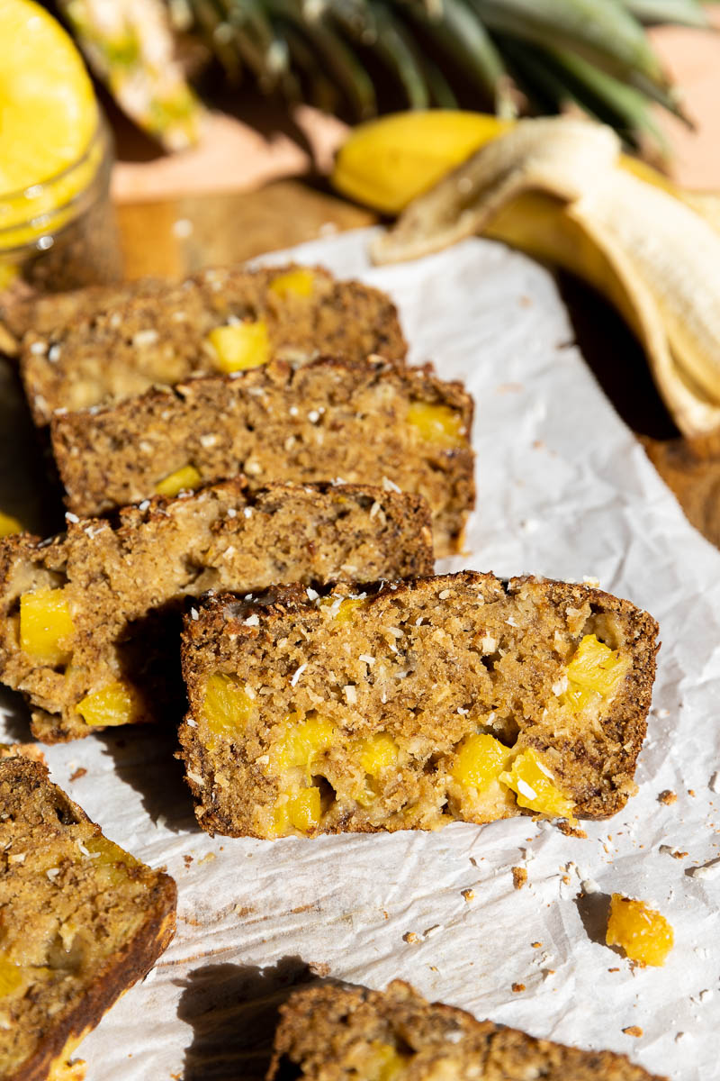 Close up picture of pineapple banana bread slices.