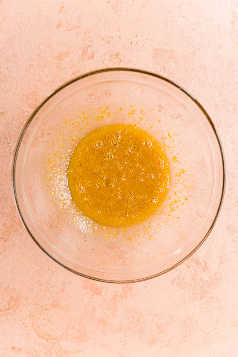 Wet ingredients in a mixing bowl.