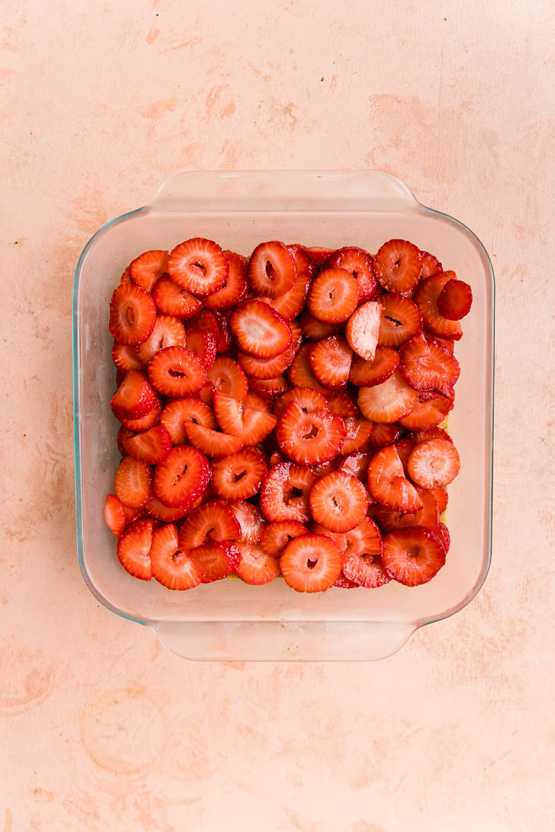Fresh strawberry slices layered on shortbread crust.