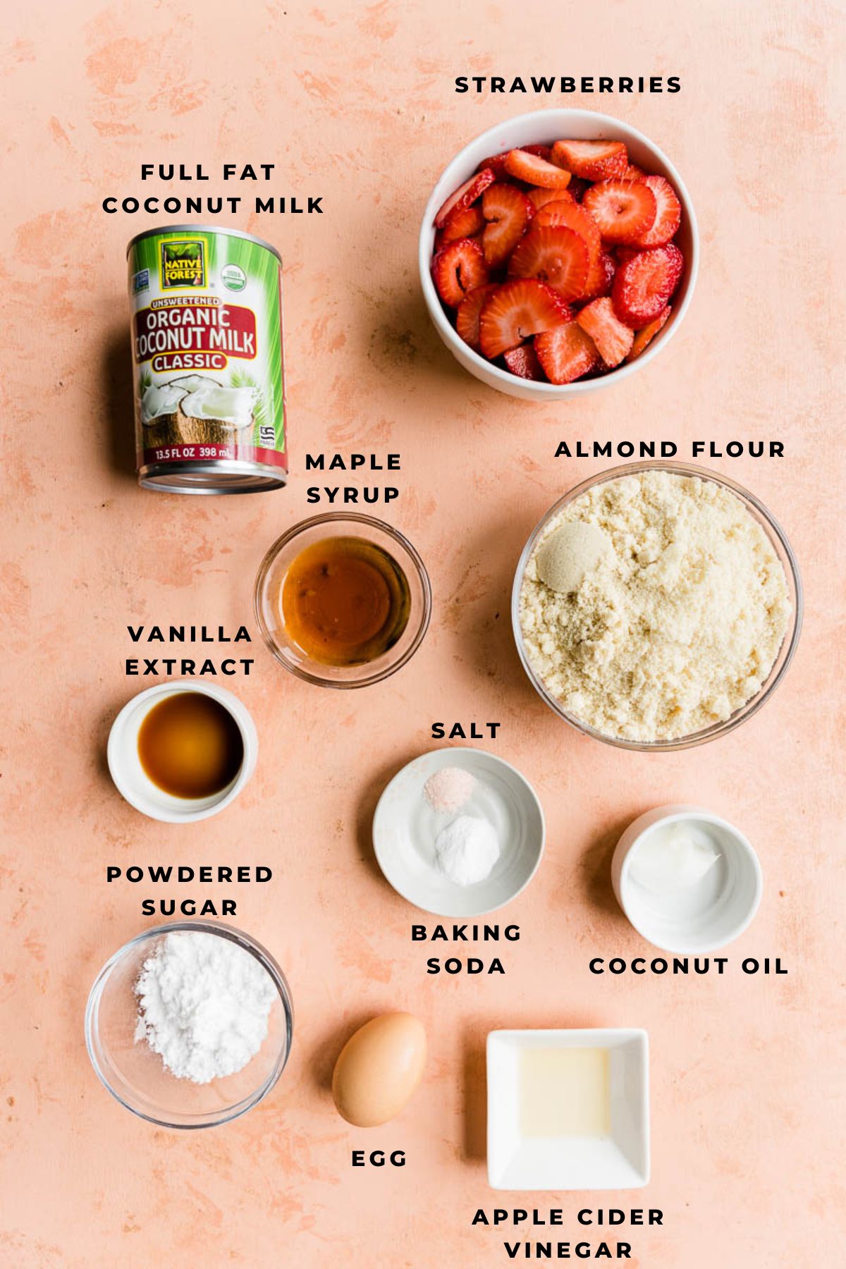 Ingredients measured out for strawberry shortcake bars.