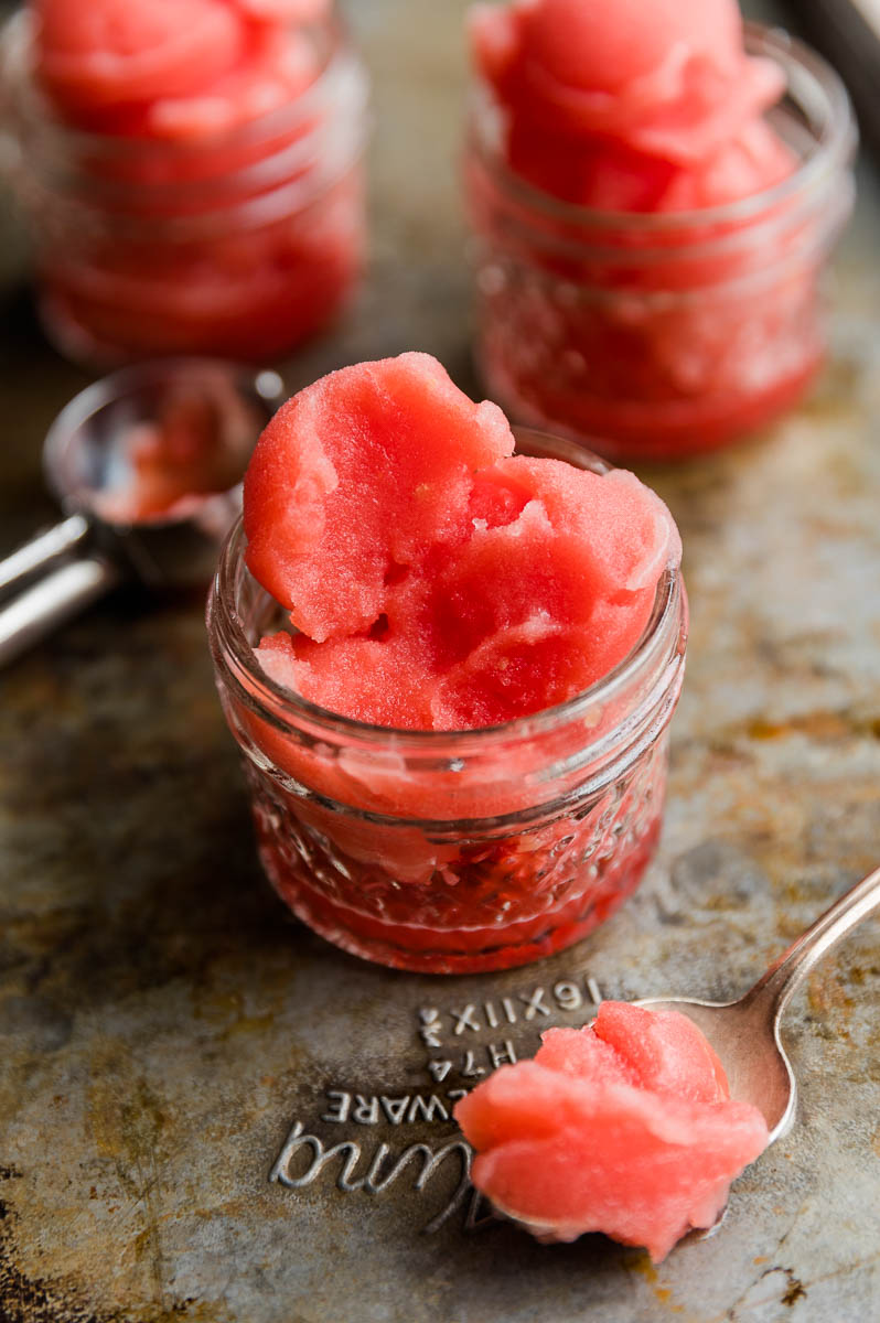 Spoon with bite of italian ice.