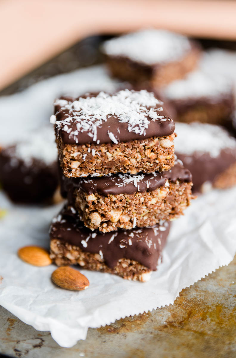 Chocolate energy bars stacked on top of each other.