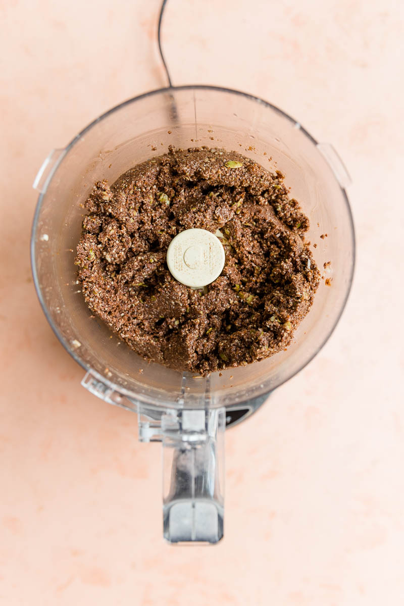Blended chocolate mixture in food processor.