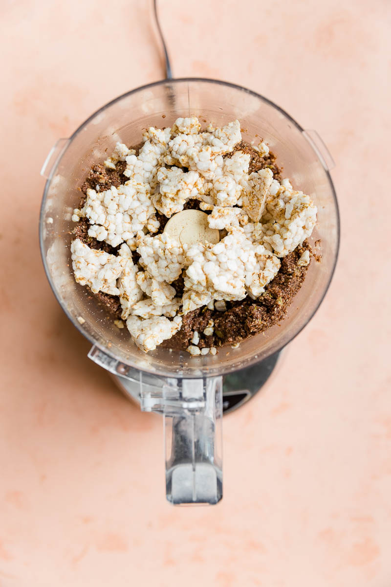 Broken rice cakes added to chocolate mixture.