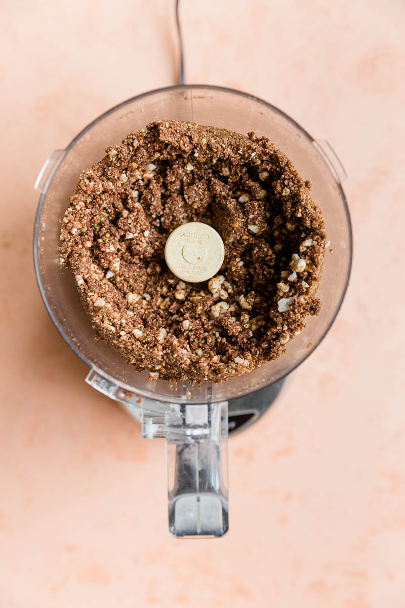 Chocolate energy bar mixture in food processor.