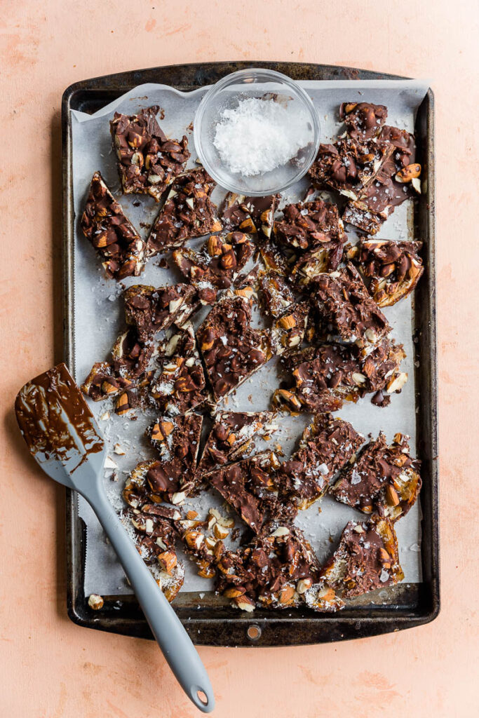 Almond joy style date bark cut into large pieces.