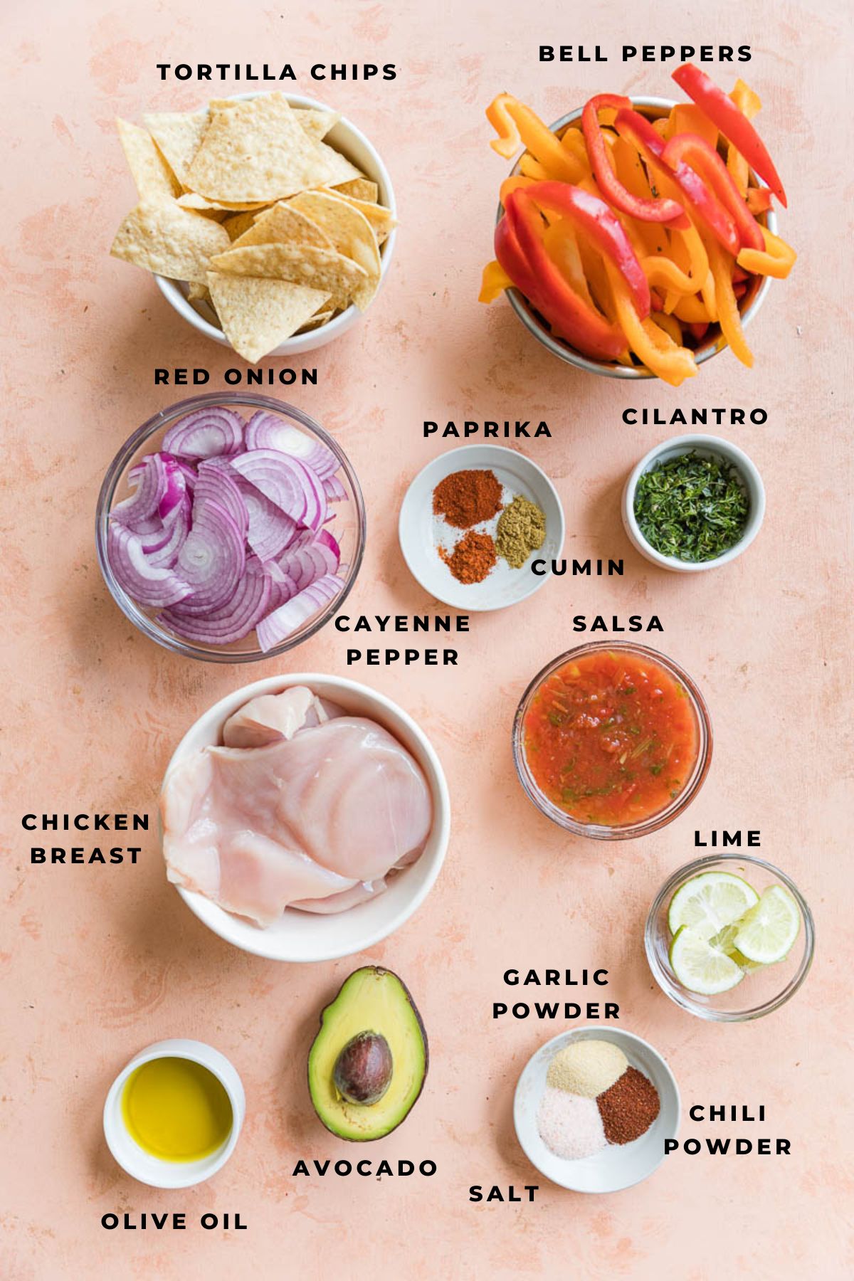 Ingredients for chicken fajita nachos