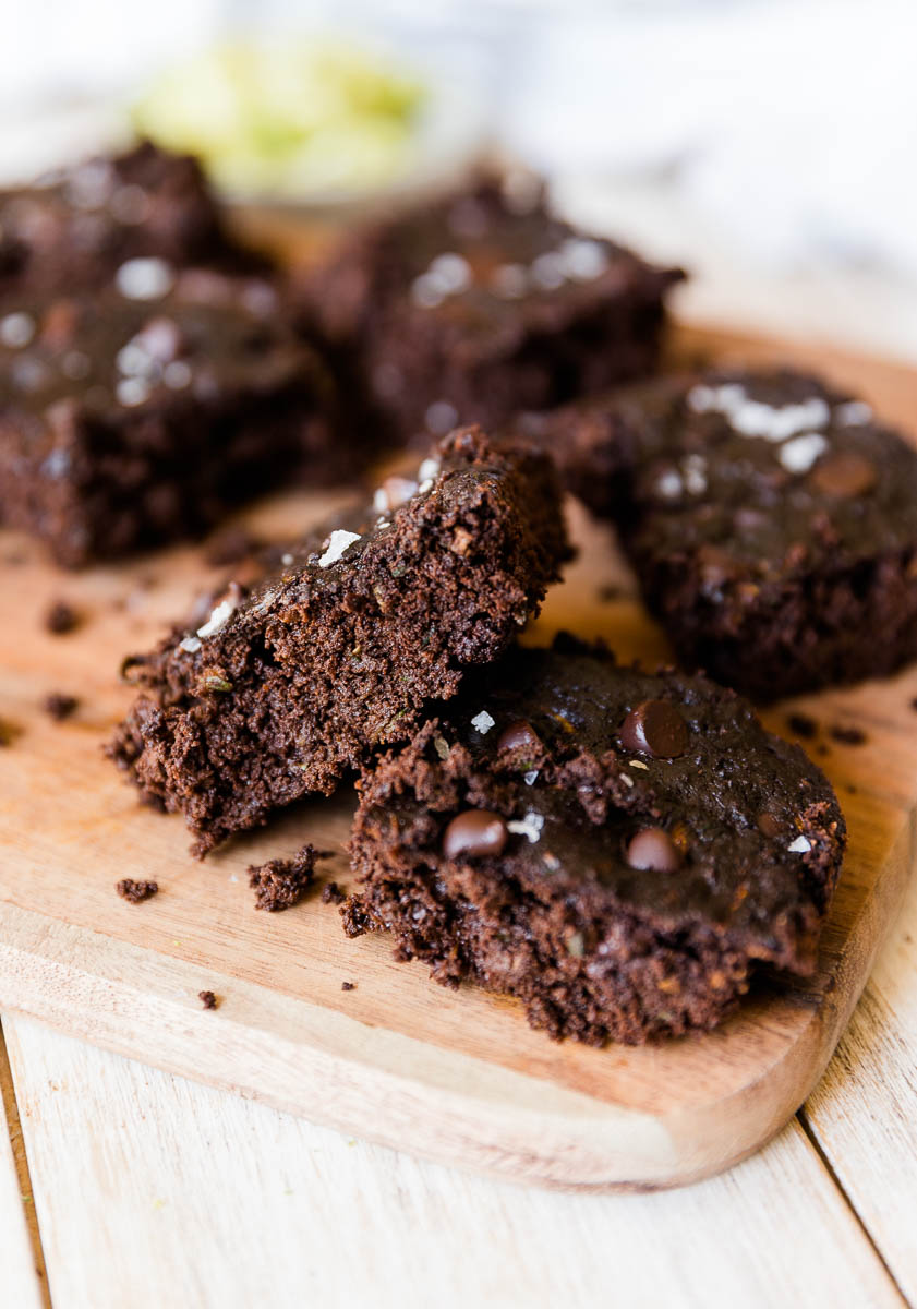 Double chocolate zucchini bars with flaky sea salt on top.
