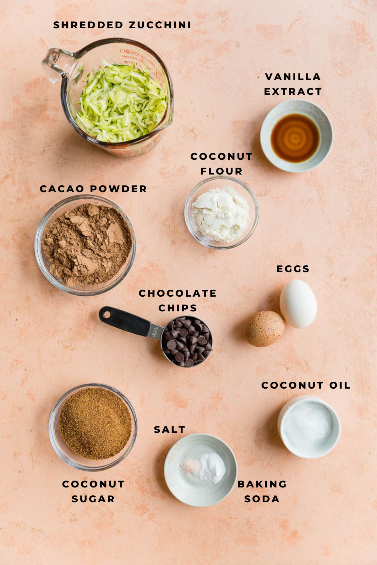 Ingredients measured out for chocolate zucchini brownies.