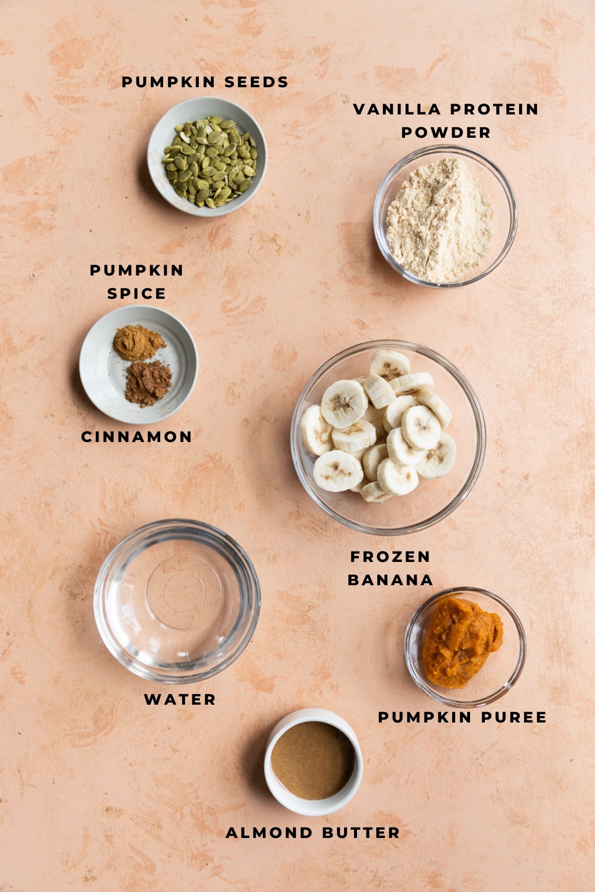 Ingredients measured out for pumpkin protein shake.