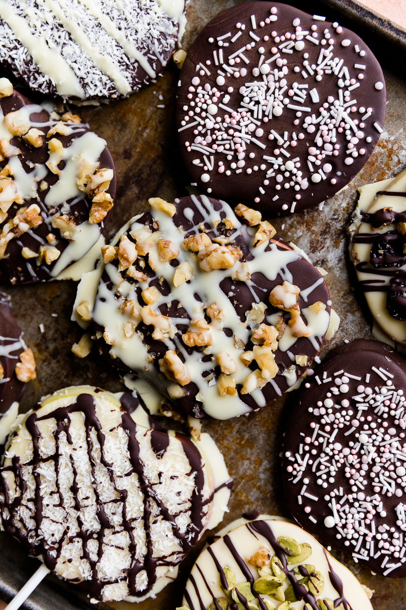 Close up picture of chocolate covered apple slices.