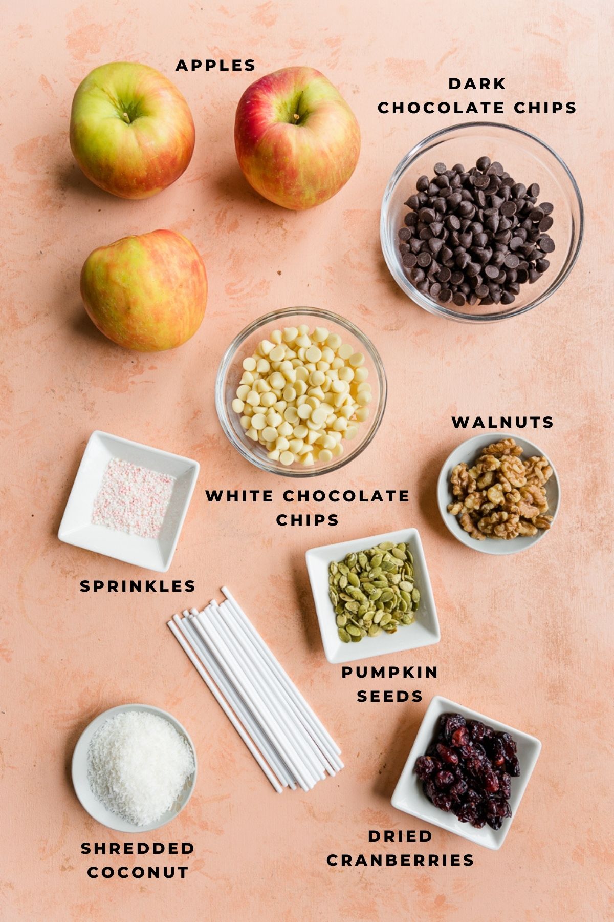 Ingredients measured out for chocolate covered apple pops.