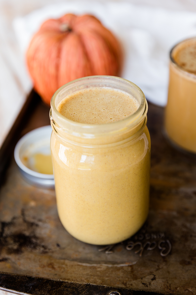 Pumpkin spice coffee creamer in mason jar.