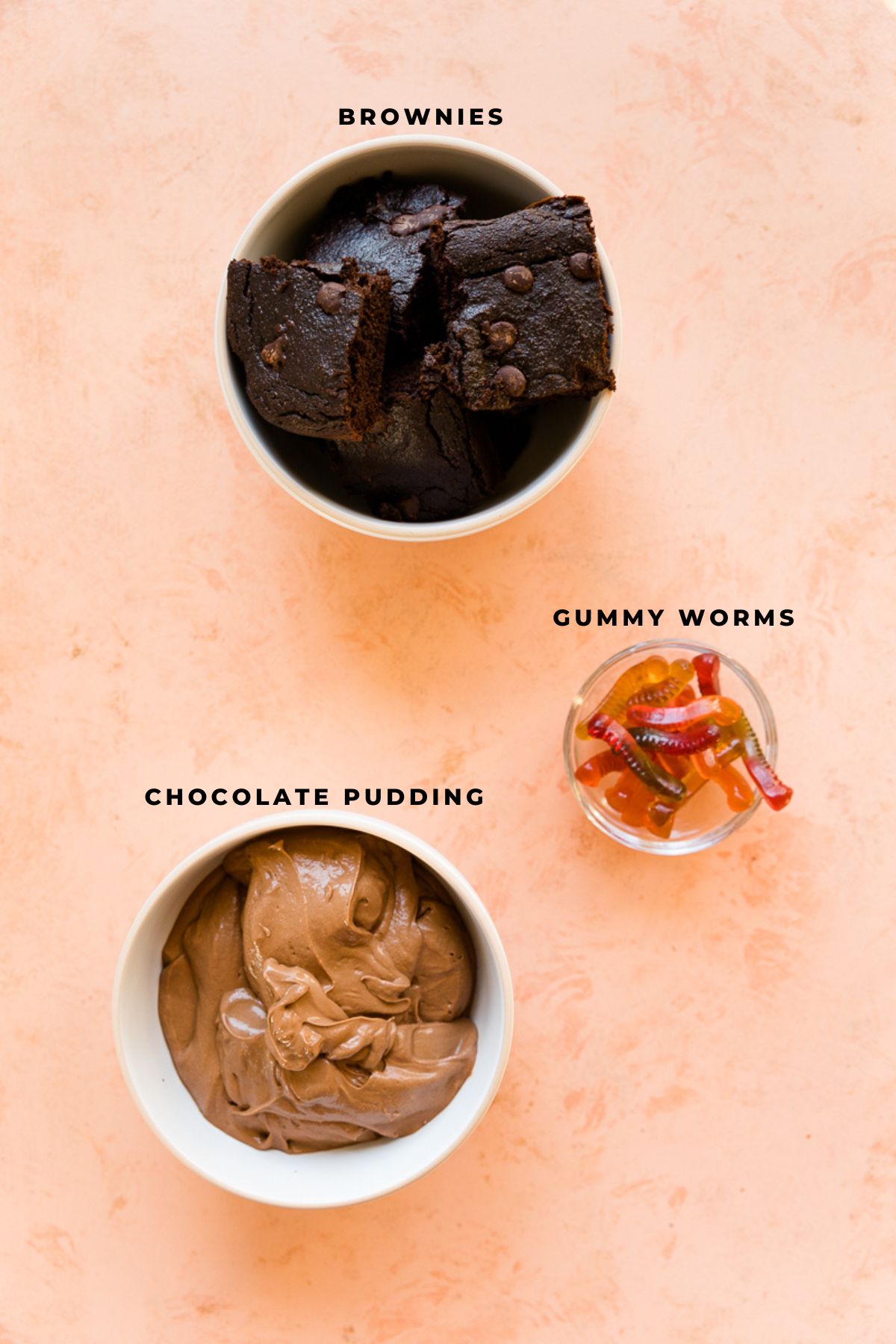 Brownies, gummy worms, and chocolate pudding in small cups.