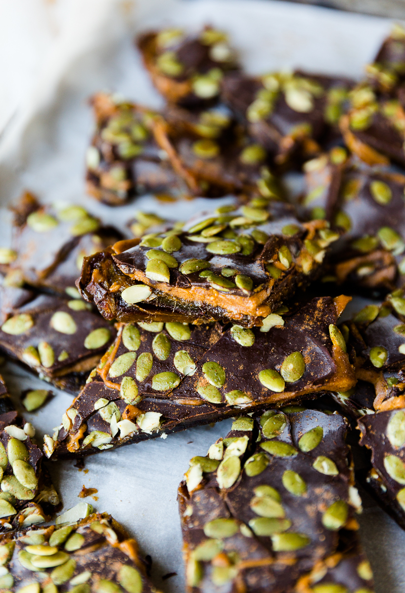 Pumpkin spice date bark close up so you can see the gooey filling.