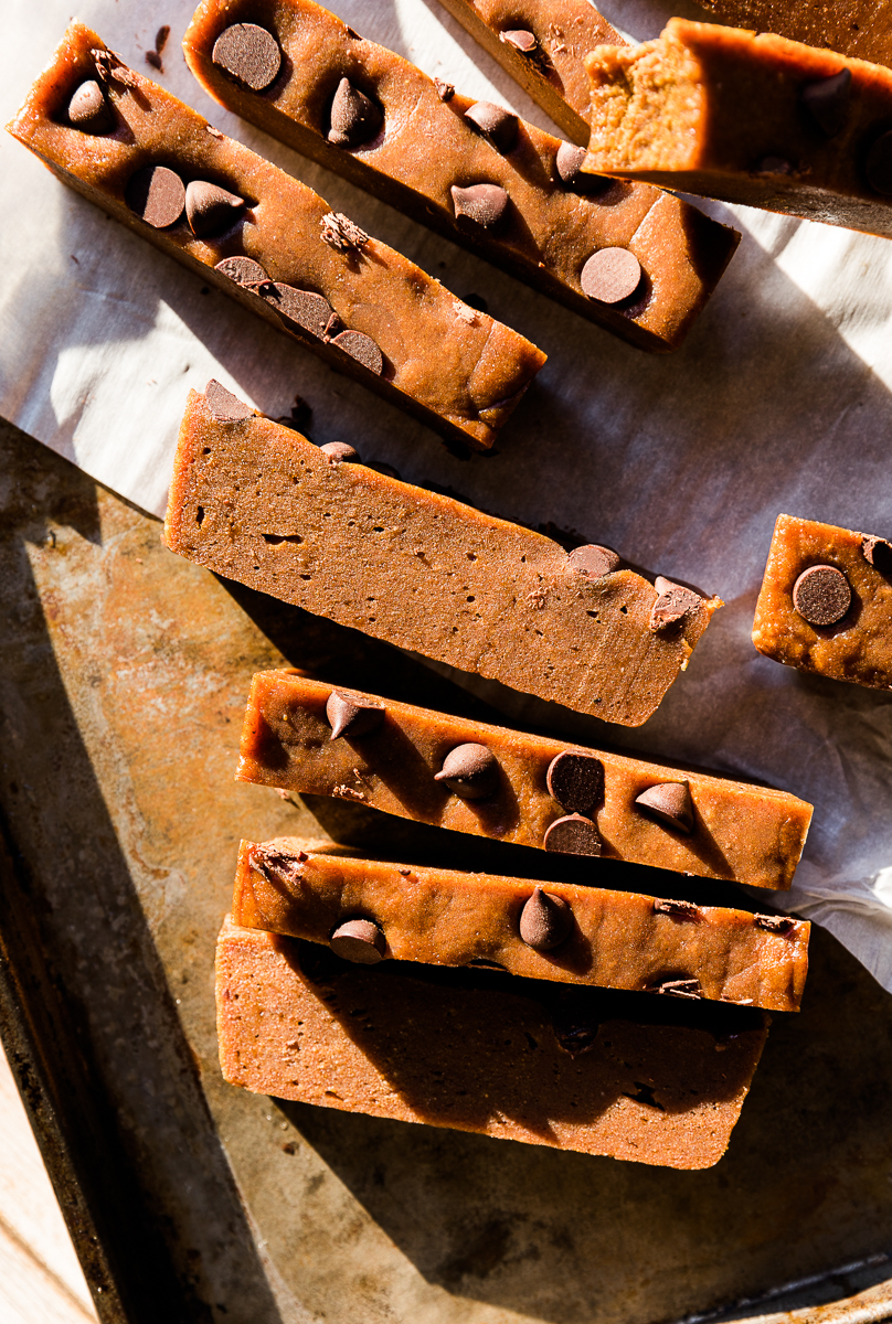 Pumpkin protein bars with chocolate chips on top.