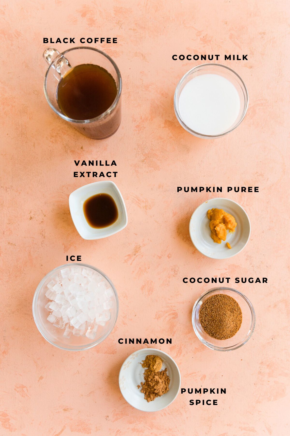 Ingredients measured out for pumpkin spice iced coffee recipe.