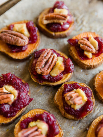 Sweet Potato Bites with pecans on top.