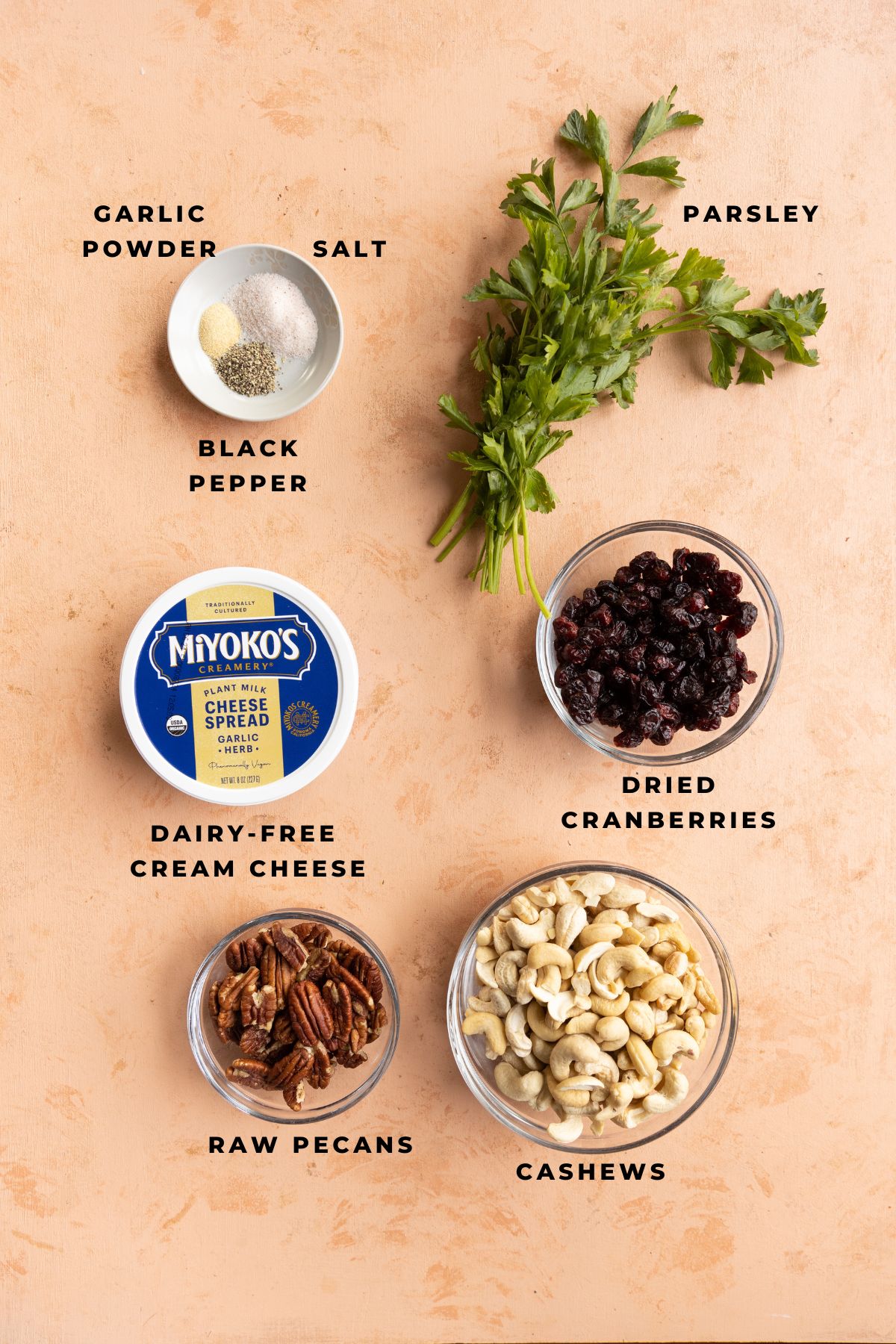 Ingredients measured out for vegan cheese ball.