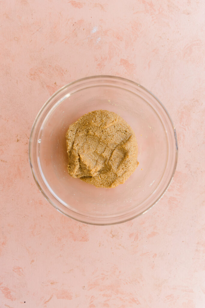 Cookie dough in a glass bowl.