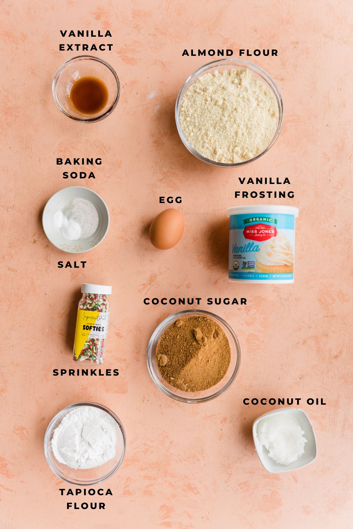 Ingredients measured out for soft frosted sugar cookies.