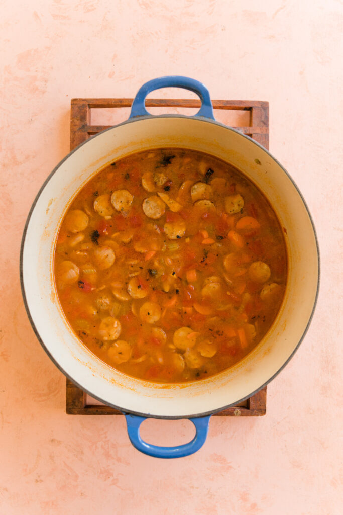 Chicken sausage soup after cooking for 30 minutes.