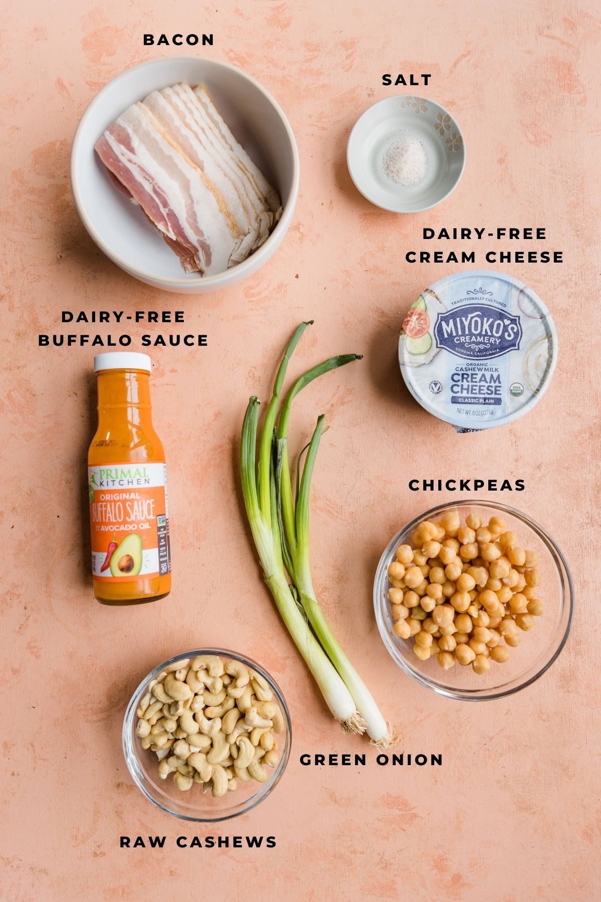 Ingredients measured out for dairy free football cheese ball.