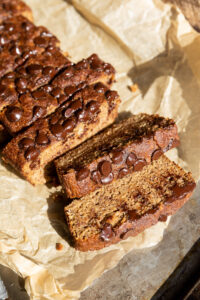 Close up picture of chocolate chip banana bread cut into slices.