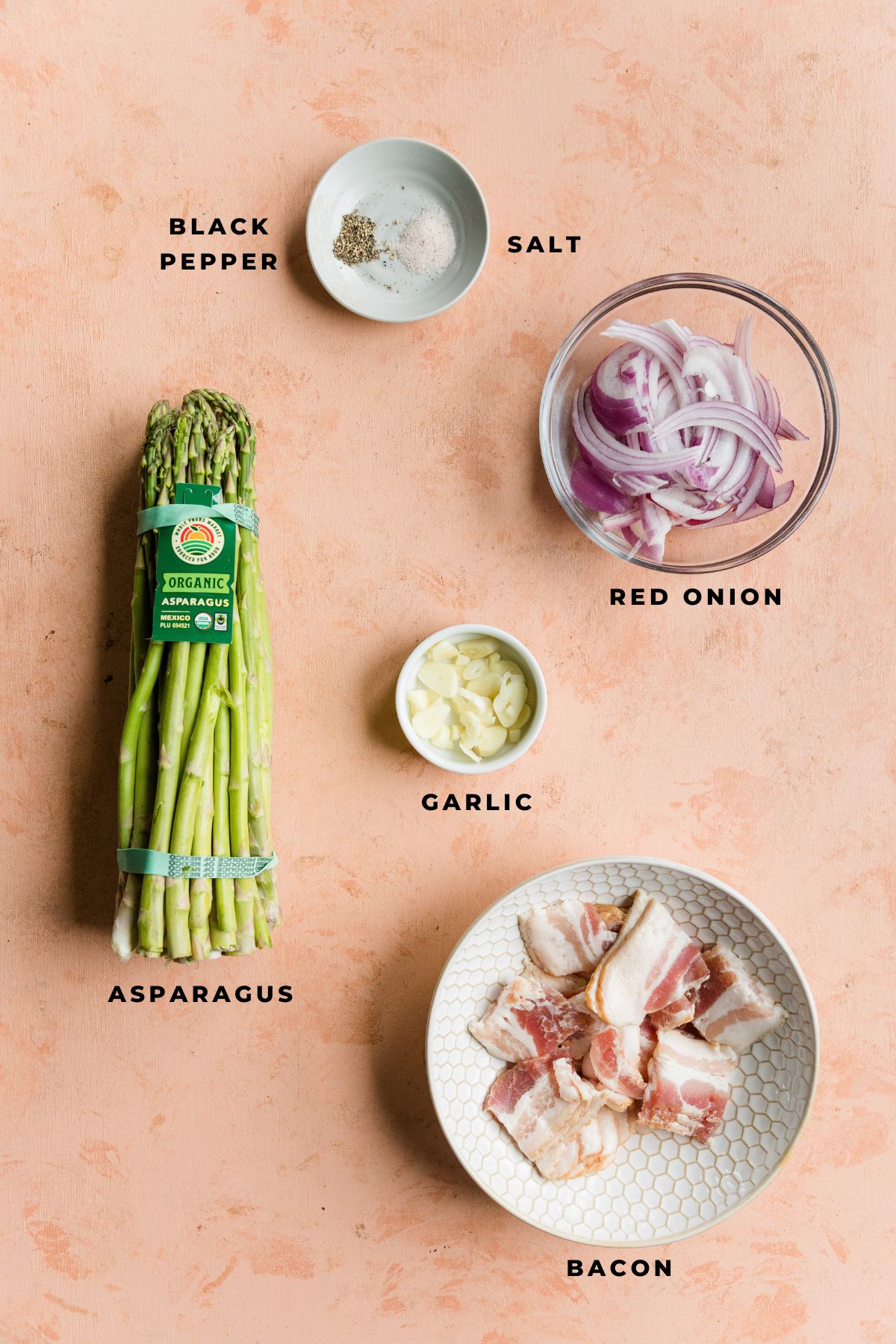 Ingredients measured out for asparagus and bacon side dish recipe.