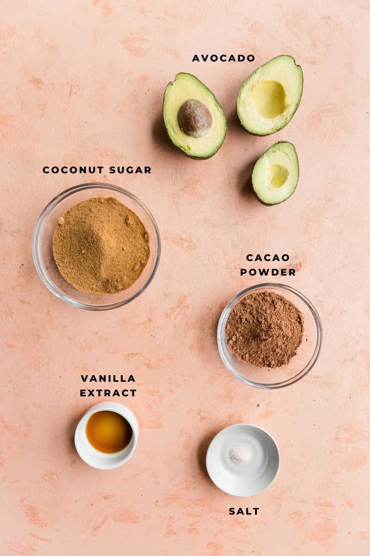 Ingredients measured out for chocolate avocado frosting.