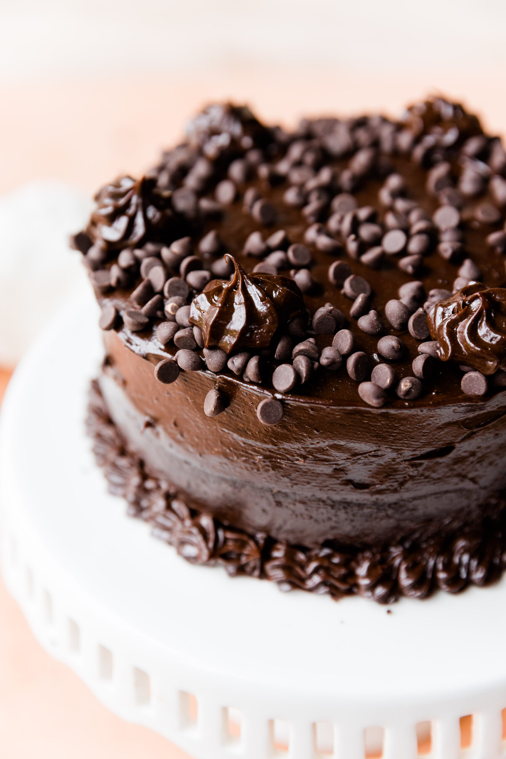 Chocolate cake frosted with chocolate avocado frosting.
