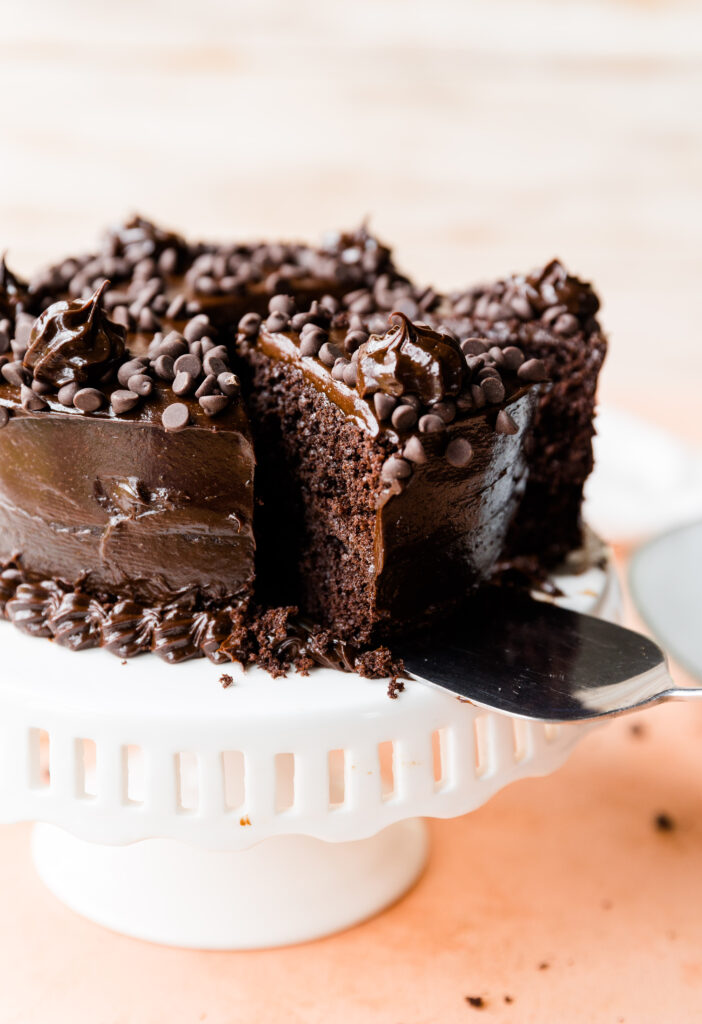 Frosted chocolate layer cake.