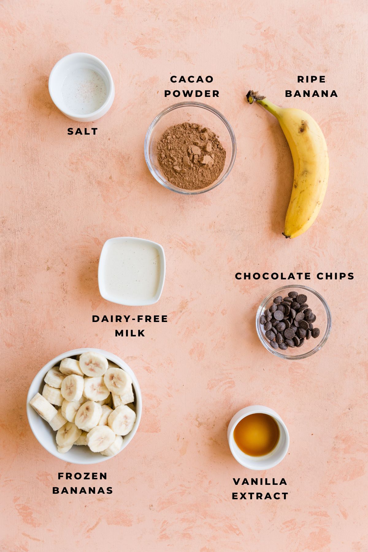 Ingredients measured out for chocolate nice cream.
