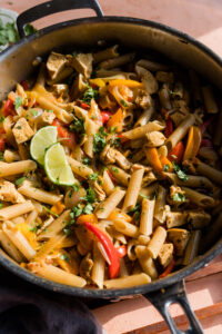 Chicken fajita pasta in a large pot.