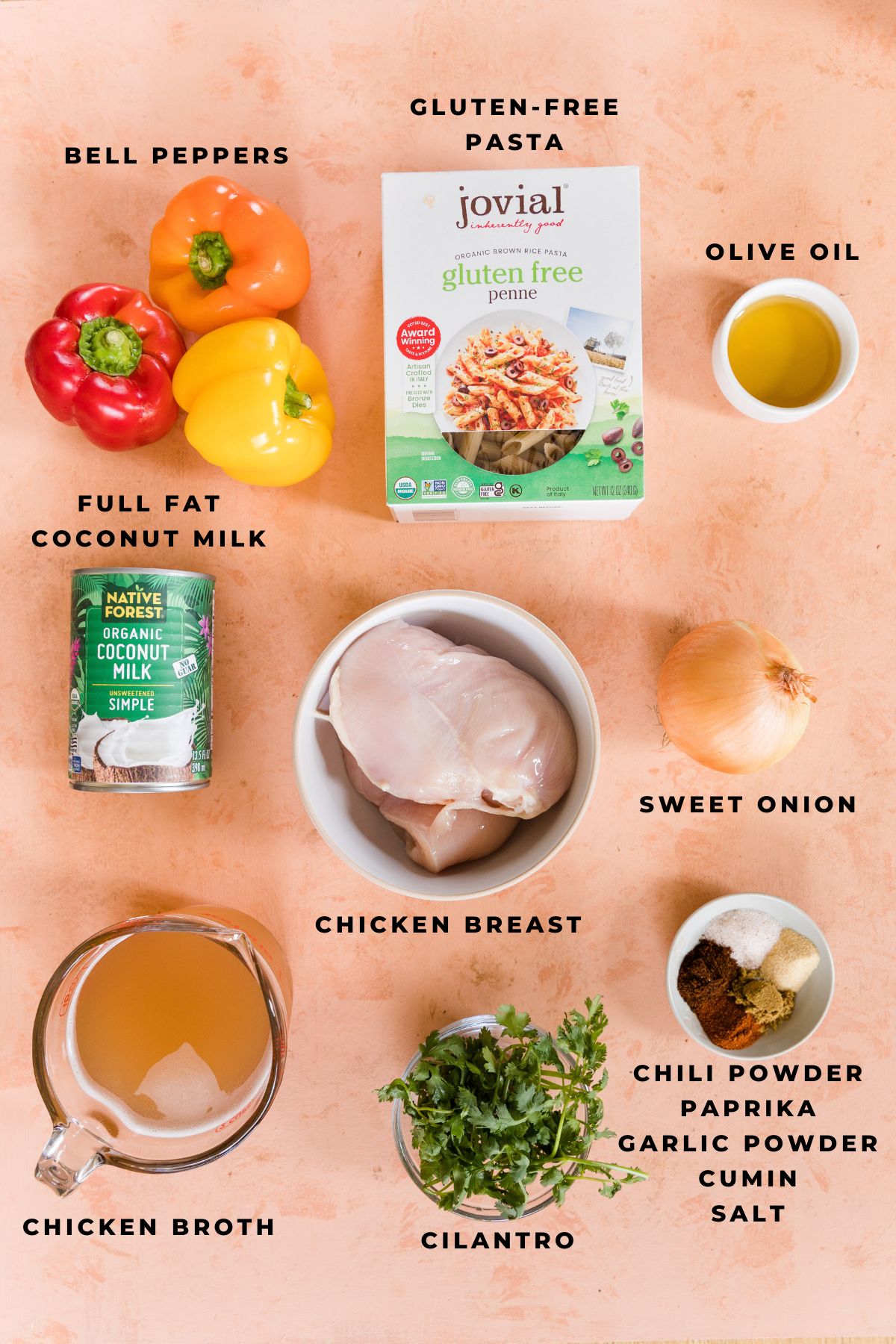 Ingredients measured out for chicken fajita pasta.