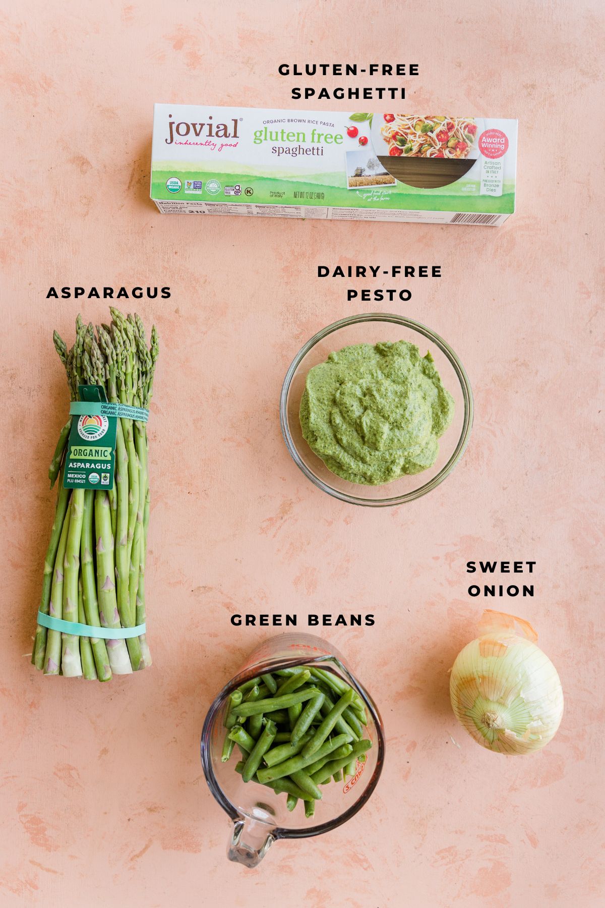 Ingredients measured out for summer pesto pasta dish.
